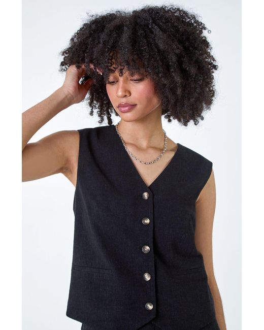 Roman Black Linen Blend Button Through Waistcoat