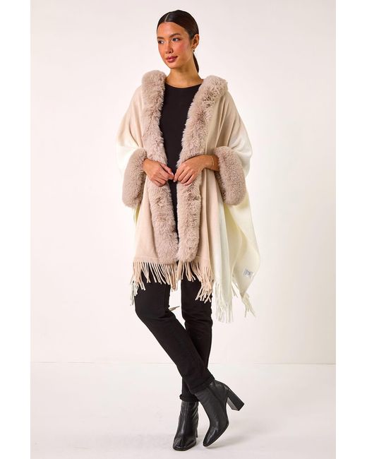 Roman Natural Faux Fur Fringe Hem Poncho