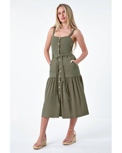 Roman Petite Green Button Front Tiered Midi Dress