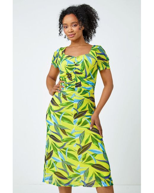 Roman Petite Green Ruched Tropical Print Midi Dress