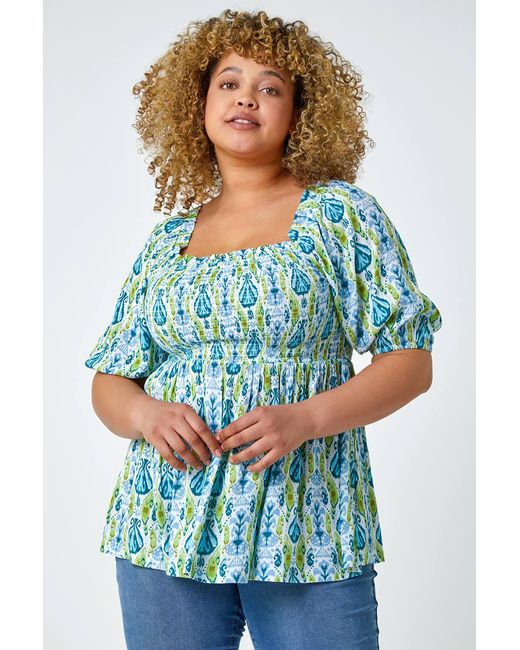 Roman Curve Blue Aztec Print Shirred Peplum Top
