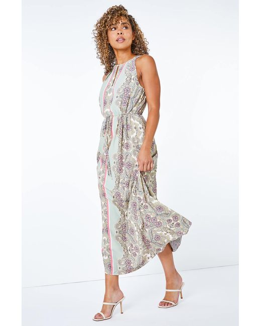 Roman Petite Green Paisley Halterneck Maxi Dress