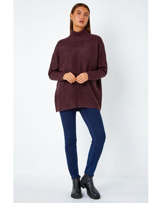 Roman Purple Cable Knit Roll Neck Stretch Longline Jumper
