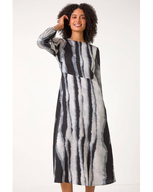 Roman Gray Shadow Stripe Print Midi Dress
