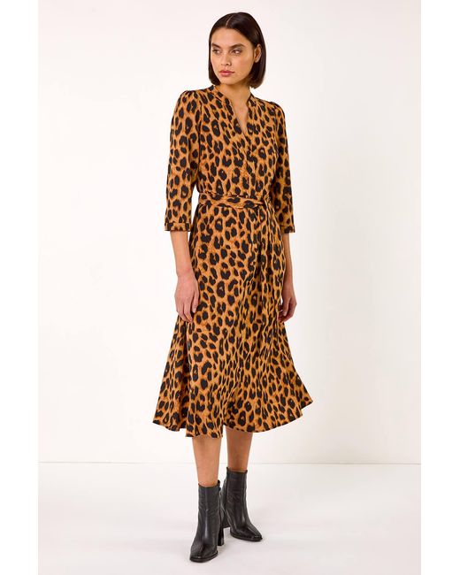 Roman Brown Animal Print Stretch Midi Shirt Dress