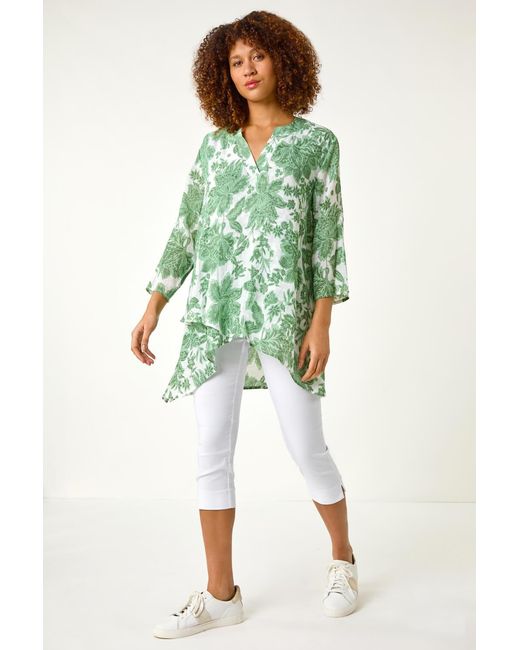 Roman Green Floral Print Wrap Hem Tunic Top