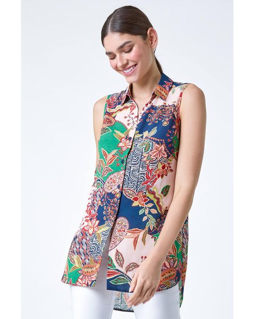 Roman Green Paisley Floral Print Sleeveless Button Blouse