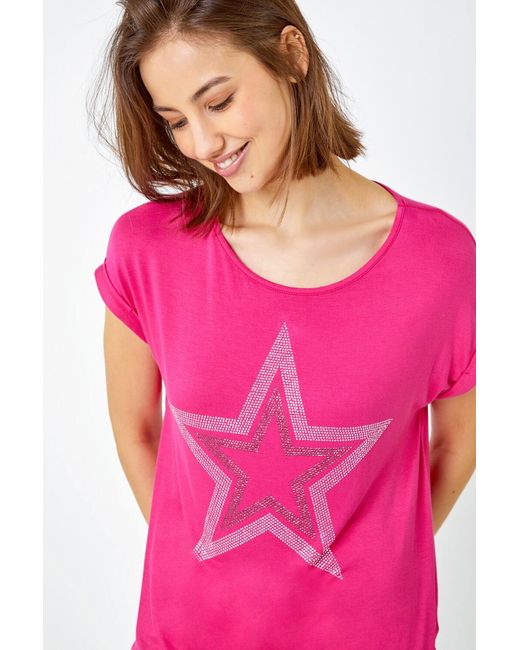 Roman Pink Embellished Star Print T-Shirt