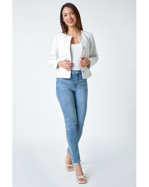 Roman White Collarless Boucle Jacket