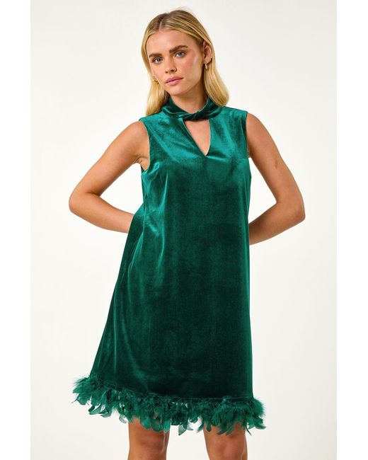 Roman Petite Green Velvet Feather Hem Dress