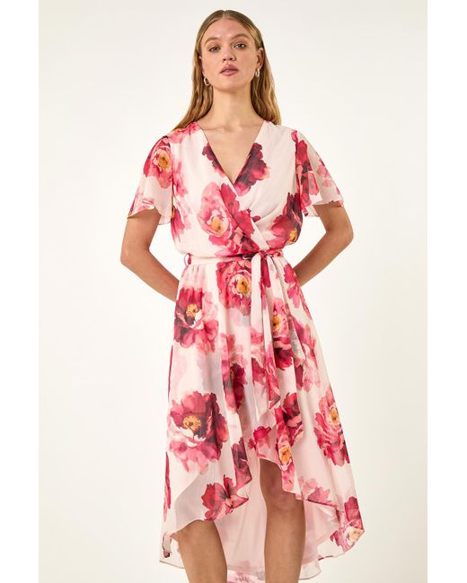 Roman Pink Floral Print Midi Wrap Dress