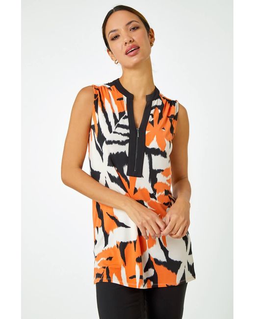 Roman White Sleeveless V-Neck Leaf Print Zip Top