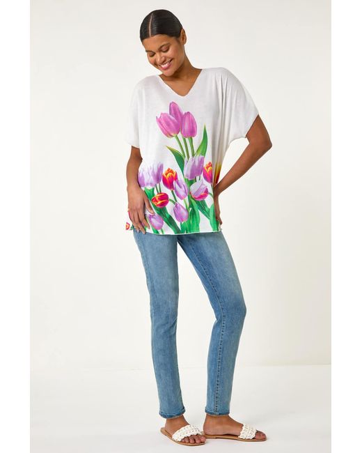 Roman White Tulip Motif V-Neck Stretch Top