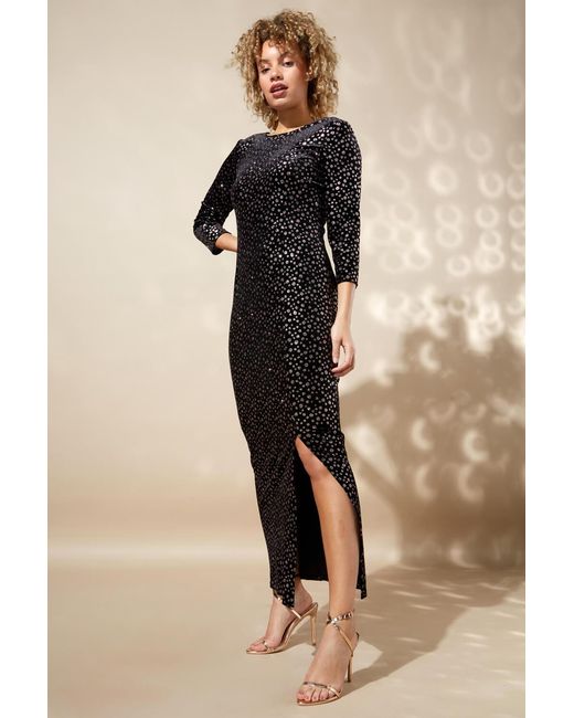 Roman Black Glitter Spot Side Split Maxi Dress