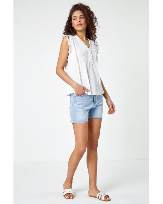 Roman White Ruffle Detail Cotton Crinkle Top