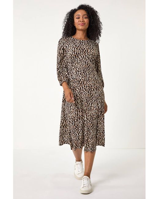 Roman Petite Brown Animal Print Stretch Midi Dress