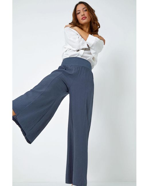 Roman Blue Linen Blend Wide Leg Trousers