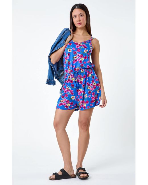 Roman Blue Floral Print Sleeveless Stretch Playsuit