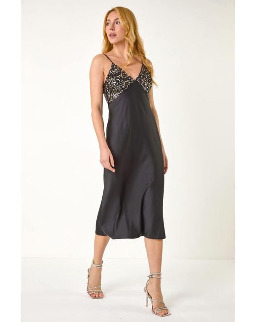 D.u.s.k Black Sequin Top Satin Midi Dress