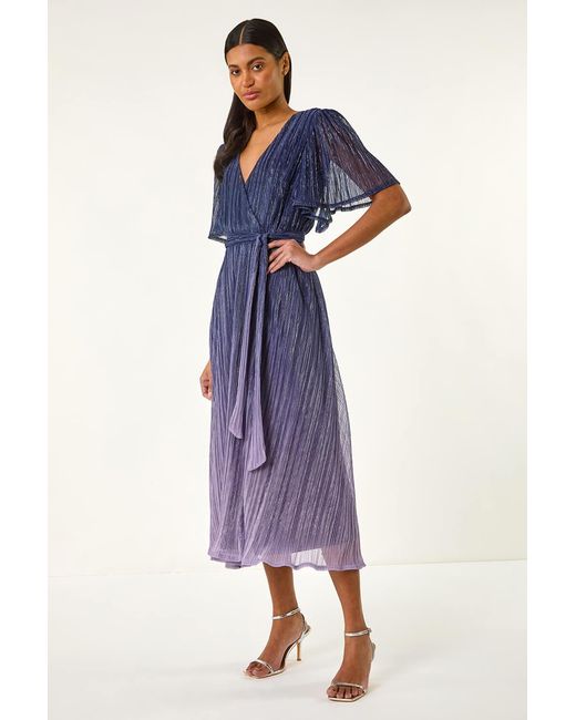 Roman Blue Ombre Shimmer Plisse Midi Dress