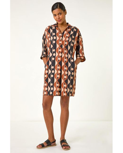 Roman Natural Geometric Collared Shirt Dress