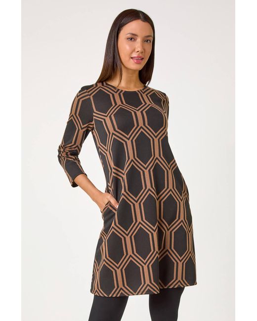 Roman Natural Geometric Jacquard Stretch Dress