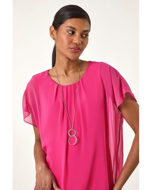 Roman Pink Chiffon Jersey Blouson Top With Necklace