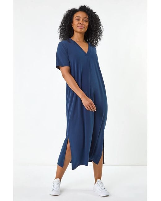 Roman Petite Blue V-Neck Stretch Midi Dress