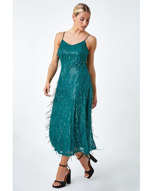 Roman Blue Dusk Fashion Sequin Tassel Midi Stretch Dress