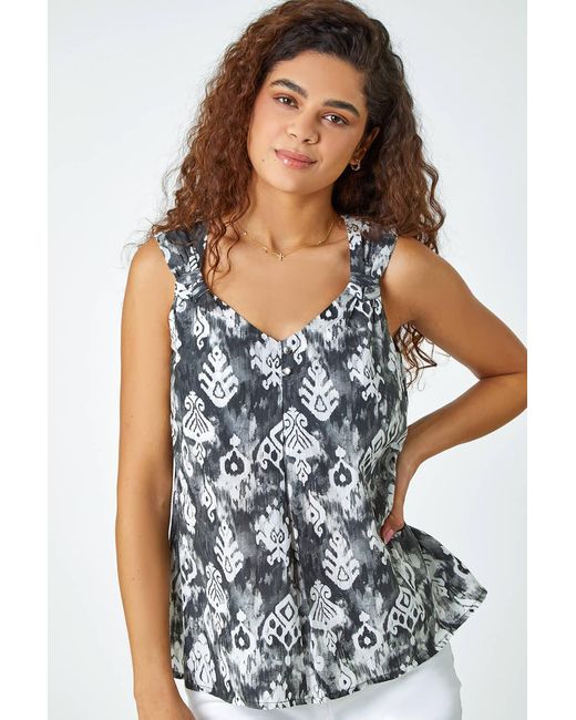 Roman White Aztec Print Button V-Neck Cami Top