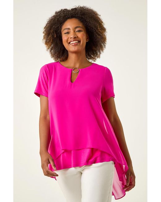 Roman Pink Ring Front Chiffon Overlay Top