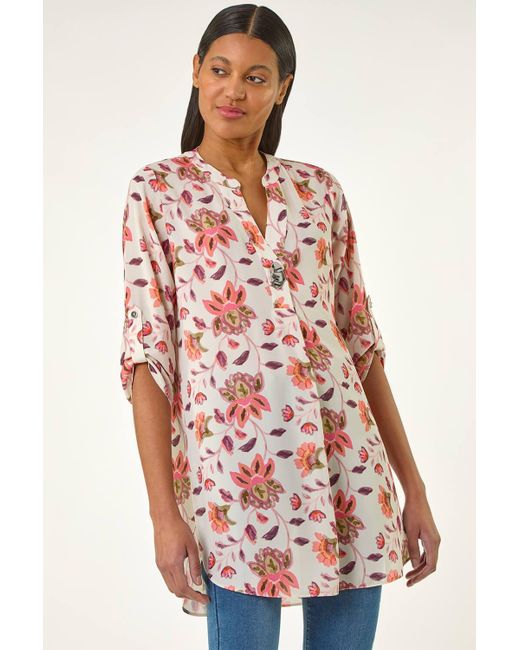 Roman Red Floral Print Button V-Neck Tunic Top