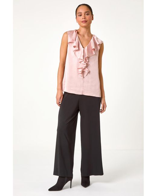 Roman Petite Pink Satin Finish Frill V-Neck Top