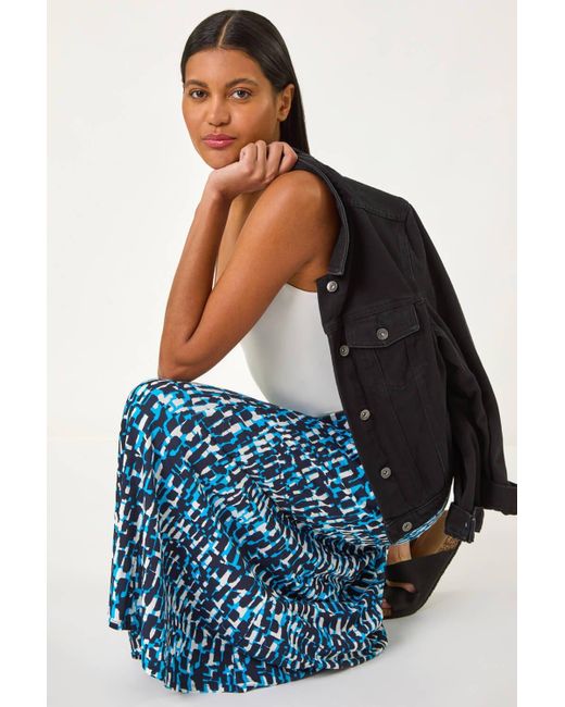 Roman Blue Geo Print A-Line Stretch Skirt