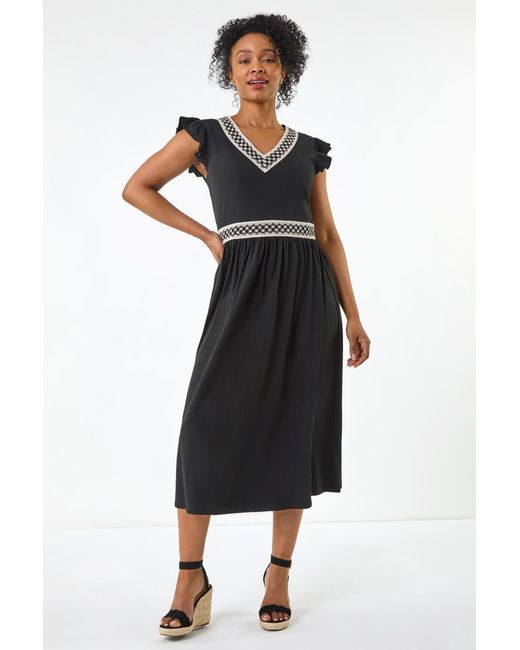 Roman Petite Black Crochet Trim Midi Dress