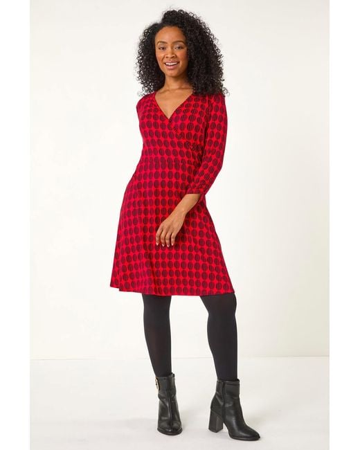 Roman Petite Red Geometric Print Wrap Stretch Dress