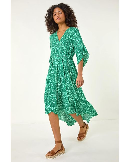 D.u.s.k Green Ditsy Floral Print Ruffle Midi Dress