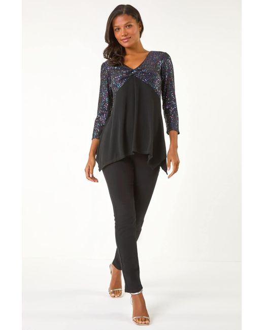 Roman Black Sequin Bodice V-Neck Stretch Tunic Top