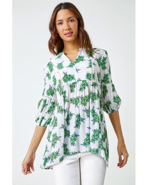 Roman Green Floral Print V-Neck Tunic Smock Top