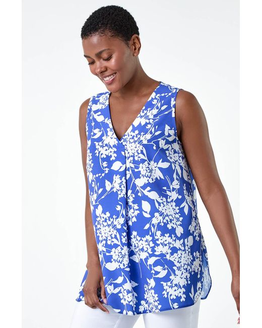 Roman Blue Ditsy Floral Sleeveless Pleat Vest Top