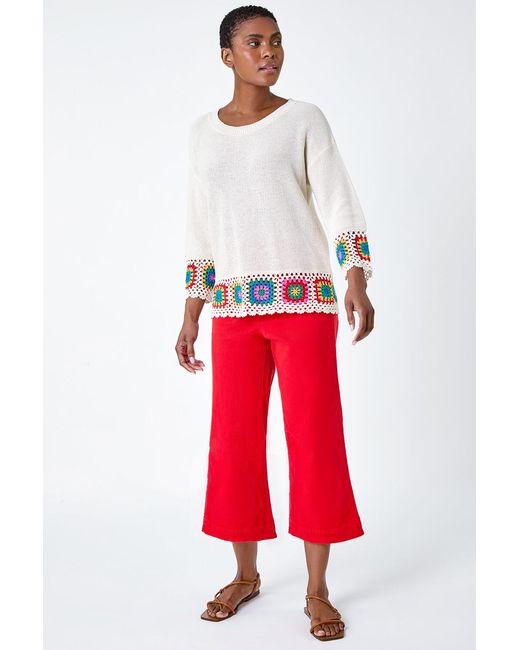 Roman Red Floral Crochet Hem Cotton Jumper