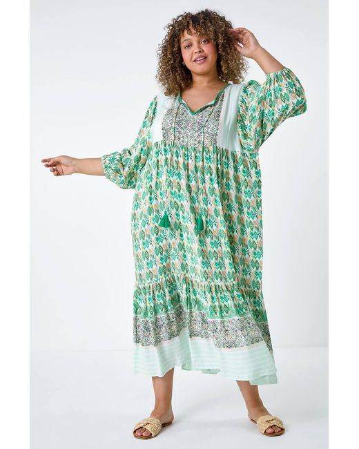 Roman Curve Green Boho Print Tiered Midi Dress