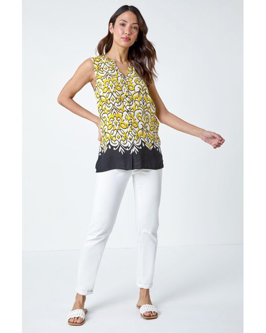 Roman Yellow Paisley Contrast Border Print V-Neck Top