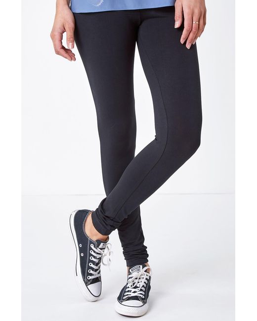 Roman Black Stretch Plain Elastic Waist Leggings