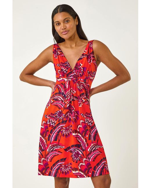 Roman Red Abstract Print V-Neck Stretch Dress