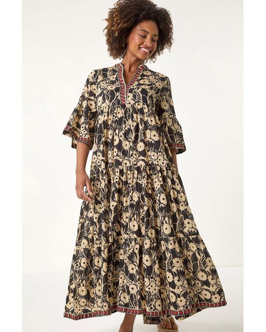 Roman White Floral Print Border Maxi Dress