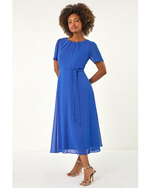 Roman Blue Pleat Chiffon Belted Midi Dress