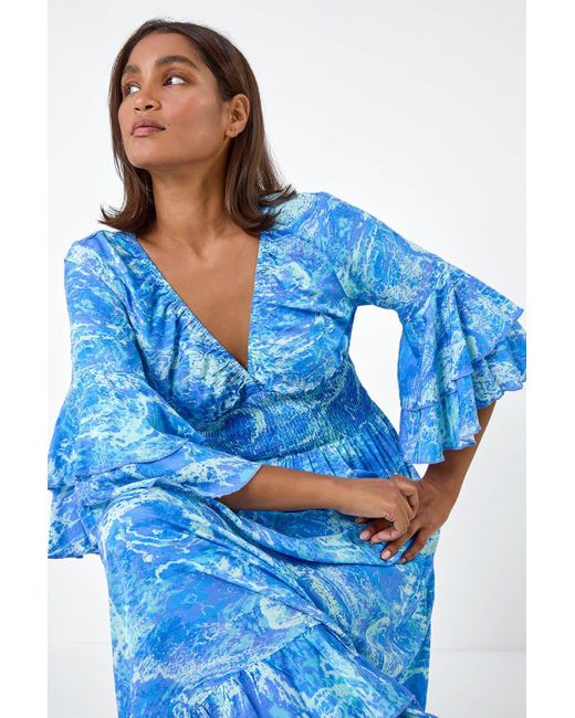 Roman Blue Abstract Ruffle Detail Shirred Maxi Dress