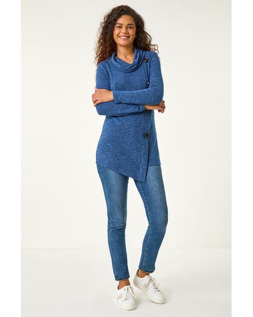 Roman Blue Cowl Neck Button Stretch Top