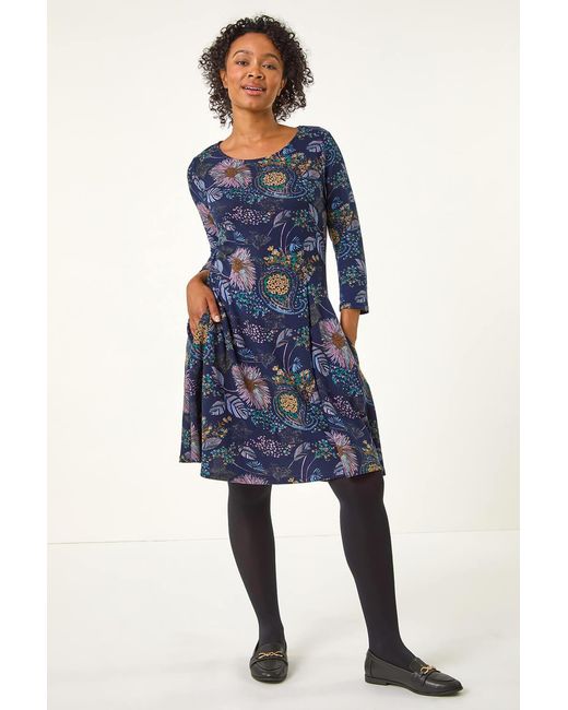 Roman Petite Blue Floral Print A-Line Stretch Dress